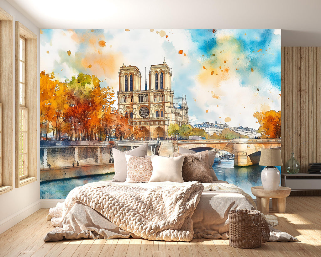 Paris Notre Dame Watercolor Wallpaper – Stylish 3D Wall Mural for Bedroom Living Room Office – Bold Modern Wall Decor Gift for Travel Lovers