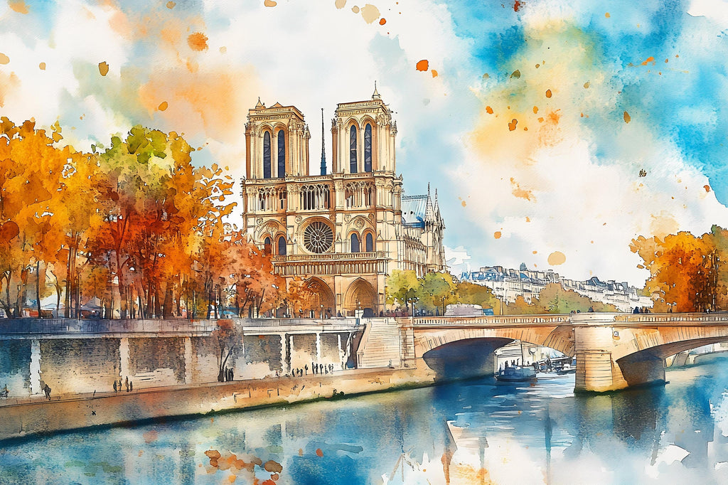Paris Notre Dame Watercolor Wallpaper – Stylish 3D Wall Mural for Bedroom Living Room Office – Bold Modern Wall Decor Gift for Travel Lovers