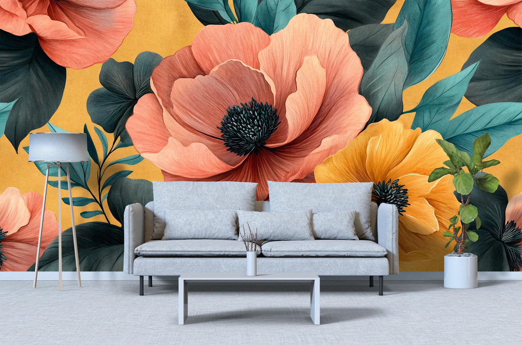 3D Oversized Floral Wallpaper Mural | Bold Colorful Botanical Wall Decor | Stylish Modern Wall Art for Living Room Bedroom Office