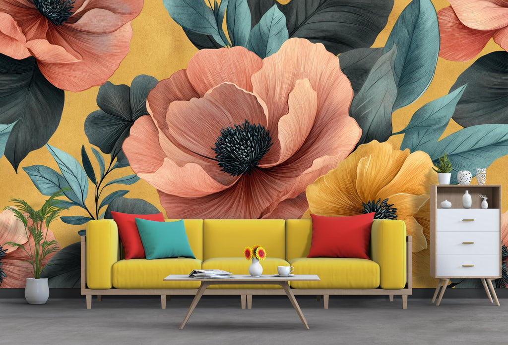 3D Oversized Floral Wallpaper Mural | Bold Colorful Botanical Wall Decor | Stylish Modern Wall Art for Living Room Bedroom Office