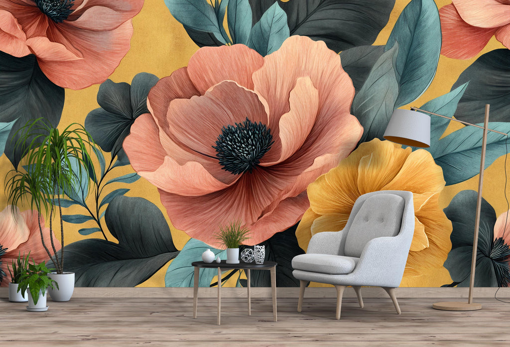 3D Oversized Floral Wallpaper Mural | Bold Colorful Botanical Wall Decor | Stylish Modern Wall Art for Living Room Bedroom Office