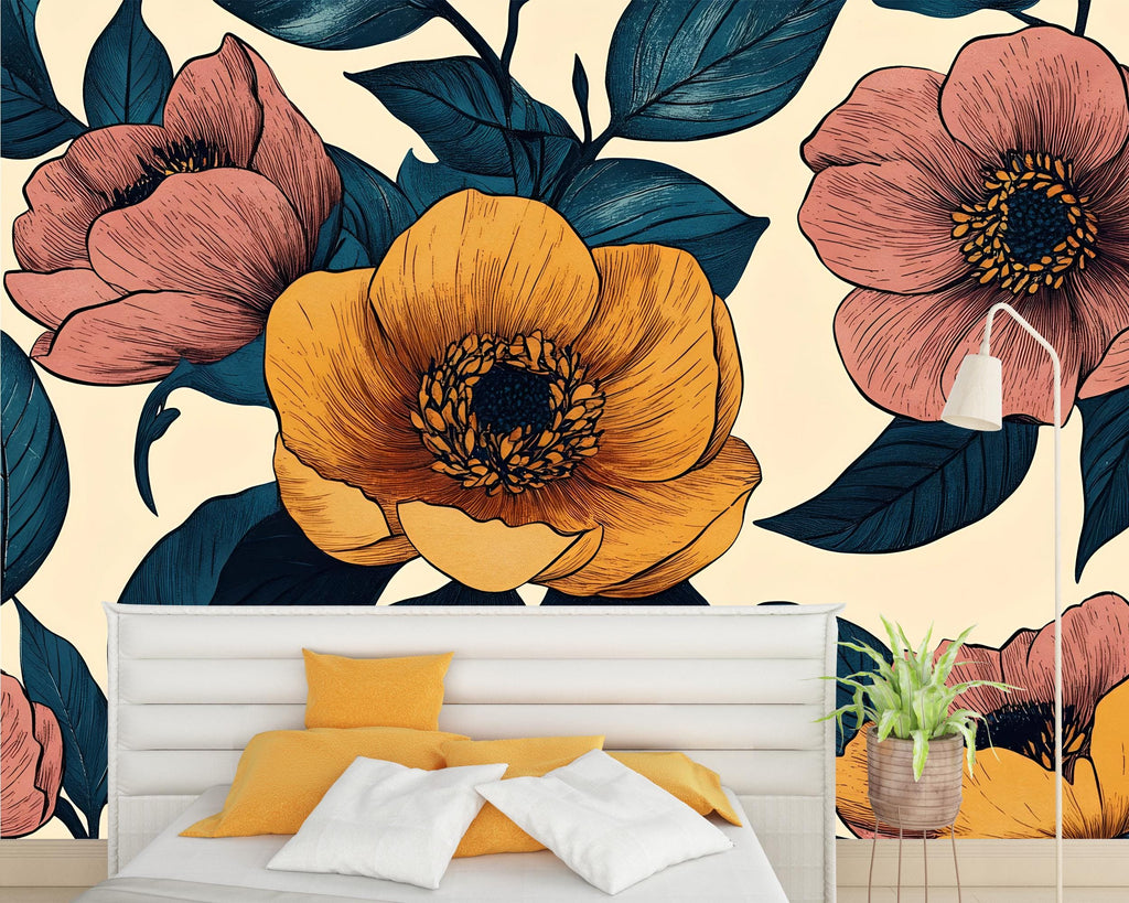 3D Oversized Floral Wallpaper Mural | Bold Modern Botanical Wall Decor | Stylish Statement Wall Art for Bedroom Living Room Office | Gift