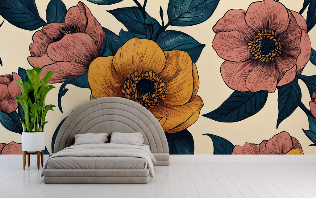 3D Oversized Floral Wallpaper Mural | Bold Modern Botanical Wall Decor | Stylish Statement Wall Art for Bedroom Living Room Office | Gift