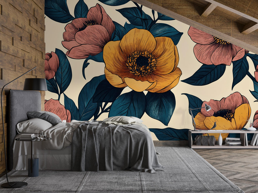 3D Oversized Floral Wallpaper Mural | Bold Modern Botanical Wall Decor | Stylish Statement Wall Art for Bedroom Living Room Office | Gift