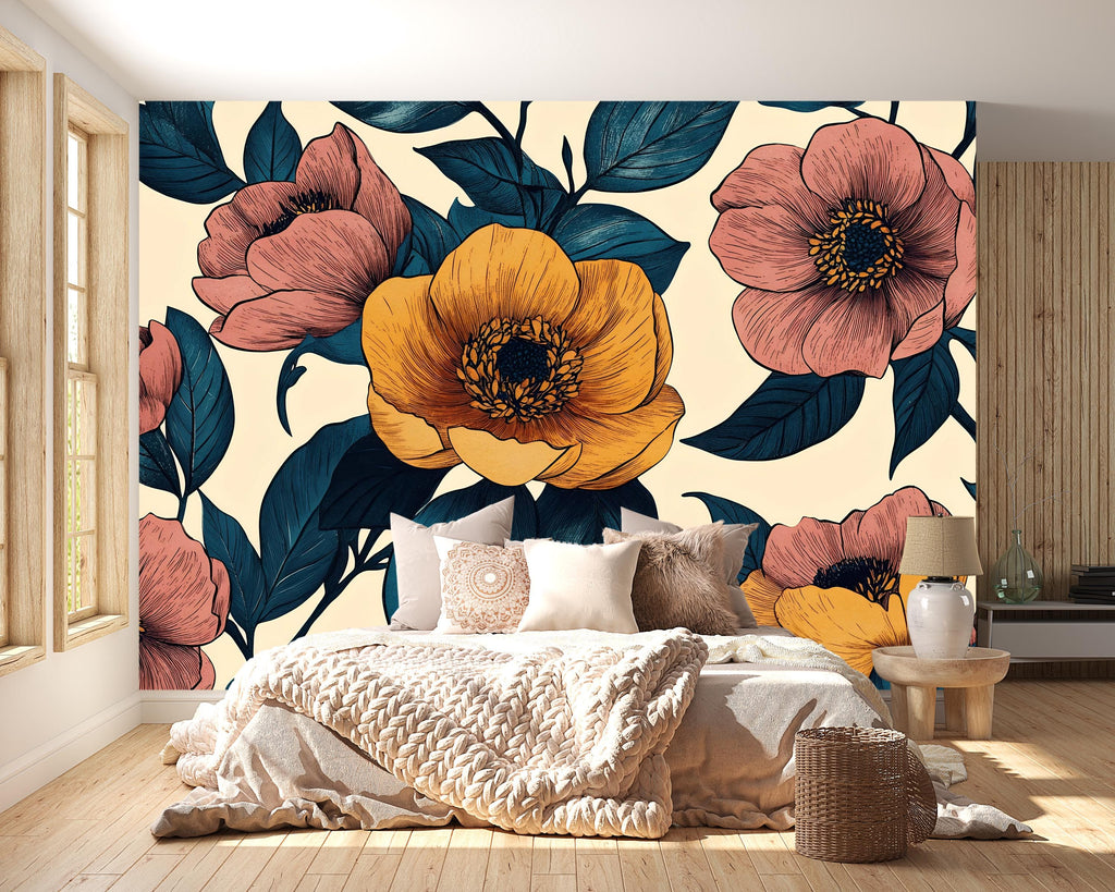 3D Oversized Floral Wallpaper Mural | Bold Modern Botanical Wall Decor | Stylish Statement Wall Art for Bedroom Living Room Office | Gift