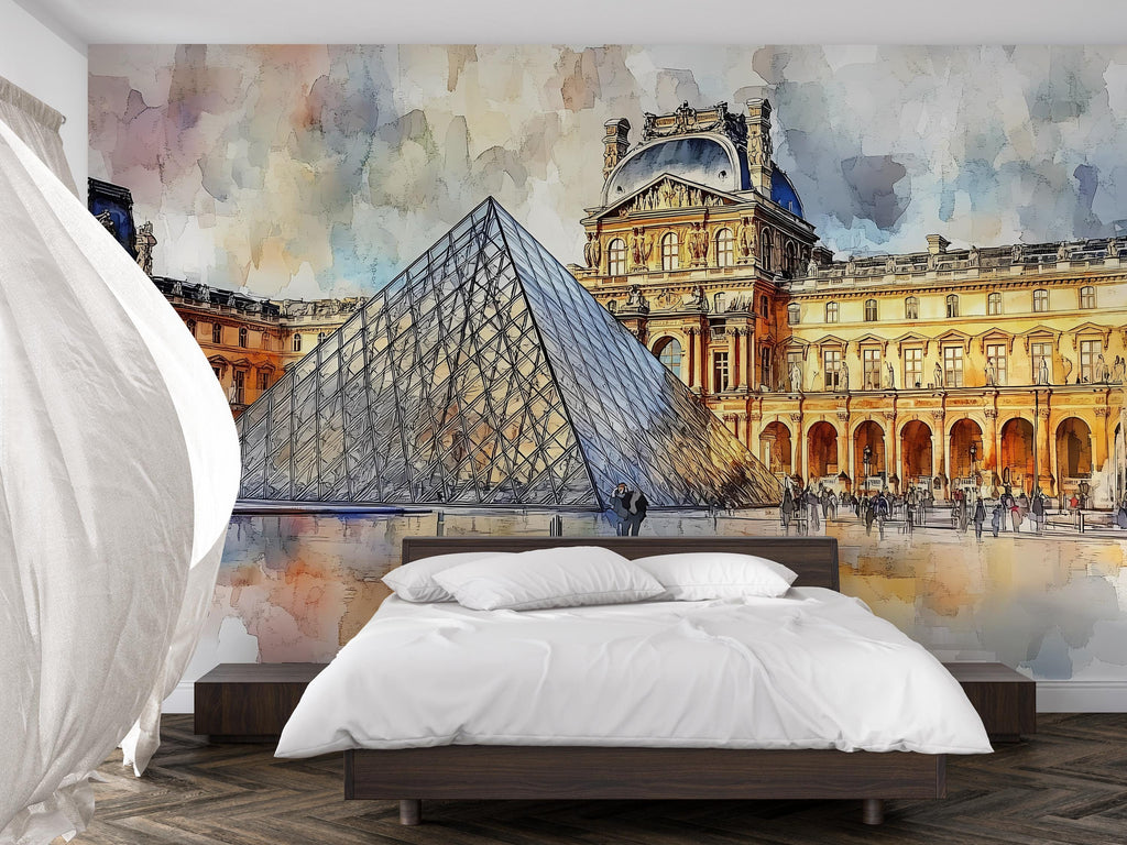 Paris Louvre Pyramid Wallpaper – Watercolor 3D Wall Mural for Living Room Bedroom Office – Bold Modern Stylish Wall Decor Gift for Travel