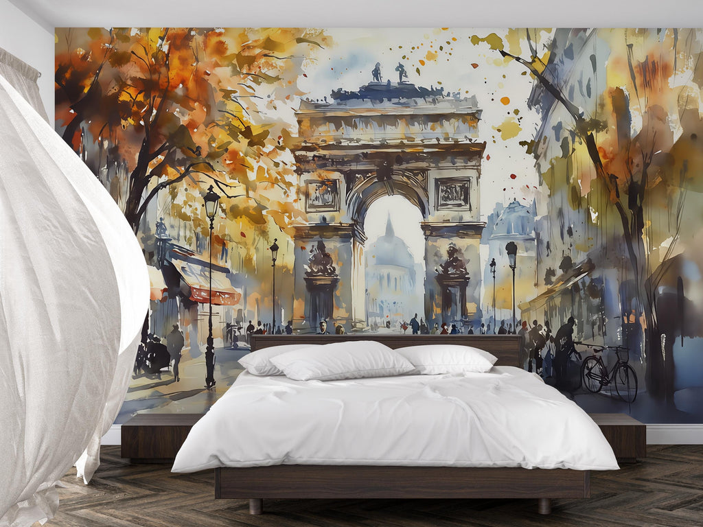 Paris Arc de Triumph Wallpaper – Watercolor 3D Wall Mural for Living Room Bedroom Office – Bold Stylish Wall Decor Gift for Travel Lovers