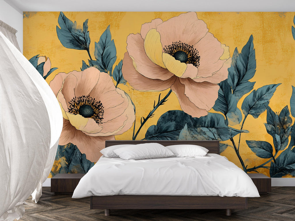 3D Oversized Floral Wallpaper Mural | Bold Golden Botanical Wall Decor | Stylish Modern Statement Wall Art for Bedroom Living Room Office