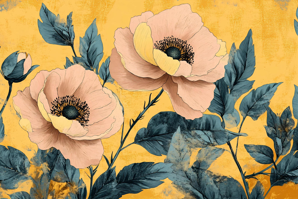 3D Oversized Floral Wallpaper Mural | Bold Golden Botanical Wall Decor | Stylish Modern Statement Wall Art for Bedroom Living Room Office