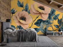 Load image into Gallery viewer, 3D Oversized Floral Wallpaper Mural | Bold Golden Botanical Wall Decor | Stylish Modern Statement Wall Art for Bedroom Living Room Office