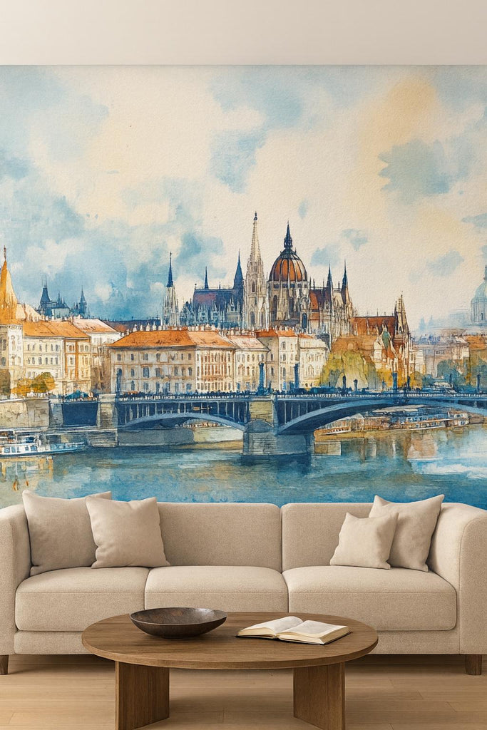 Budapest Parliament Wallpaper – Watercolor 3D Wall Mural of Danube River Bridge for Bedroom Living Room Office – Bold Modern Stylish Wall