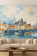 Load image into Gallery viewer, Budapest Parliament Wallpaper – Watercolor 3D Wall Mural of Danube River Bridge for Bedroom Living Room Office – Bold Modern Stylish Wall