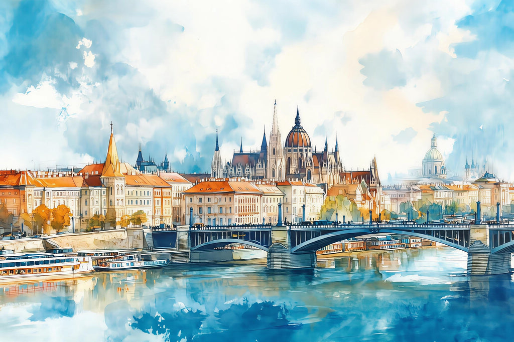 Budapest Parliament Wallpaper – Watercolor 3D Wall Mural of Danube River Bridge for Bedroom Living Room Office – Bold Modern Stylish Wall