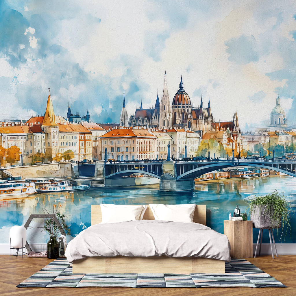 Budapest Parliament Wallpaper – Watercolor 3D Wall Mural of Danube River Bridge for Bedroom Living Room Office – Bold Modern Stylish Wall