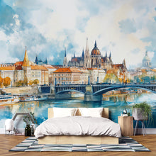 Load image into Gallery viewer, Budapest Parliament Wallpaper – Watercolor 3D Wall Mural of Danube River Bridge for Bedroom Living Room Office – Bold Modern Stylish Wall
