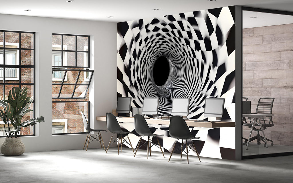 Black White 3D Tunnel Wall Mural – Optical Illusion Wallpaper Vn909