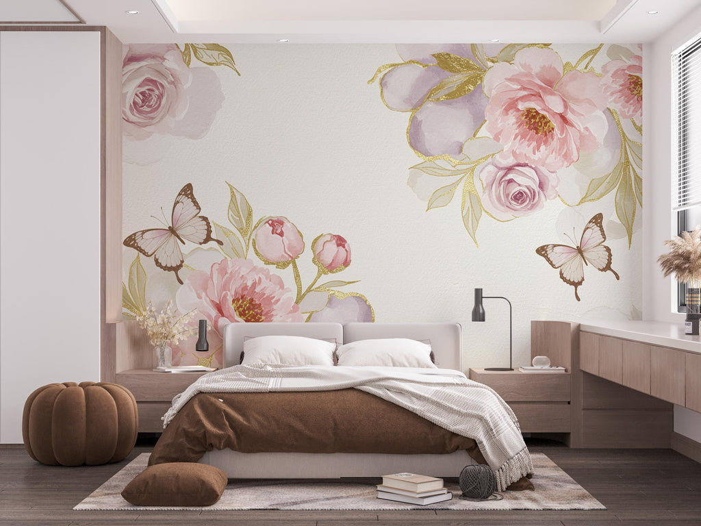 Luxury Butterfly and Flower Wallpaper Mural – Blush Pink Peonies, Gold Accents, Elegant Watercolor Wall Art for Girls Bedroom Nursery 882RS