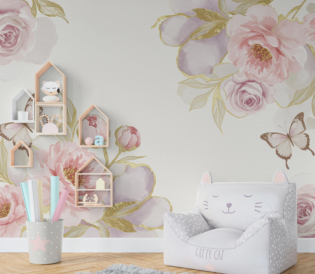 Luxury Butterfly and Flower Wallpaper Mural – Blush Pink Peonies, Gold Accents, Elegant Watercolor Wall Art for Girls Bedroom Nursery 882RS