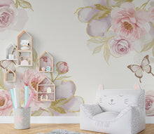 Load image into Gallery viewer, Luxury Butterfly and Flower Wallpaper Mural – Blush Pink Peonies, Gold Accents, Elegant Watercolor Wall Art for Girls Bedroom Nursery 882RS