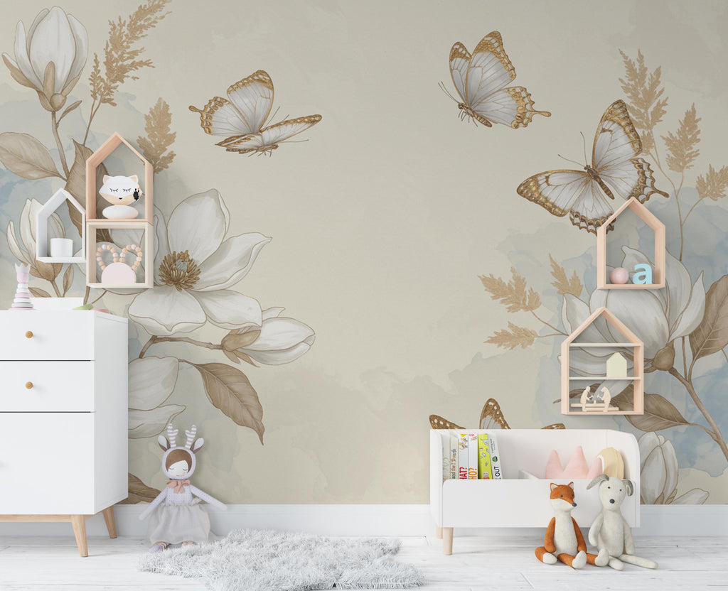 Butterfly and Flower Wallpaper Mural – Blush Pink Peonies, Gold Accents, Elegant Watercolor Wall Art for Girls Bedroom Nursery 883RS