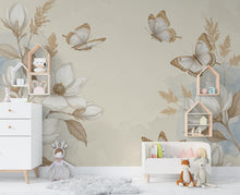 Load image into Gallery viewer, Butterfly and Flower Wallpaper Mural – Blush Pink Peonies, Gold Accents, Elegant Watercolor Wall Art for Girls Bedroom Nursery 883RS