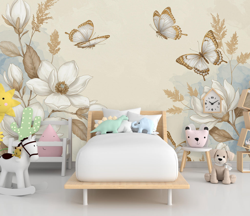 Butterfly and Flower Wallpaper Mural – Blush Pink Peonies, Gold Accents, Elegant Watercolor Wall Art for Girls Bedroom Nursery 883RS