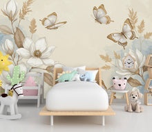 Load image into Gallery viewer, Butterfly and Flower Wallpaper Mural – Blush Pink Peonies, Gold Accents, Elegant Watercolor Wall Art for Girls Bedroom Nursery 883RS