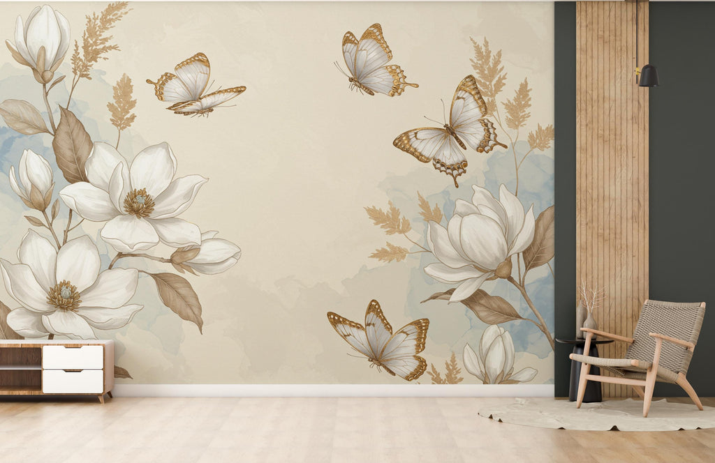 Butterfly and Flower Wallpaper Mural – Blush Pink Peonies, Gold Accents, Elegant Watercolor Wall Art for Girls Bedroom Nursery 883RS