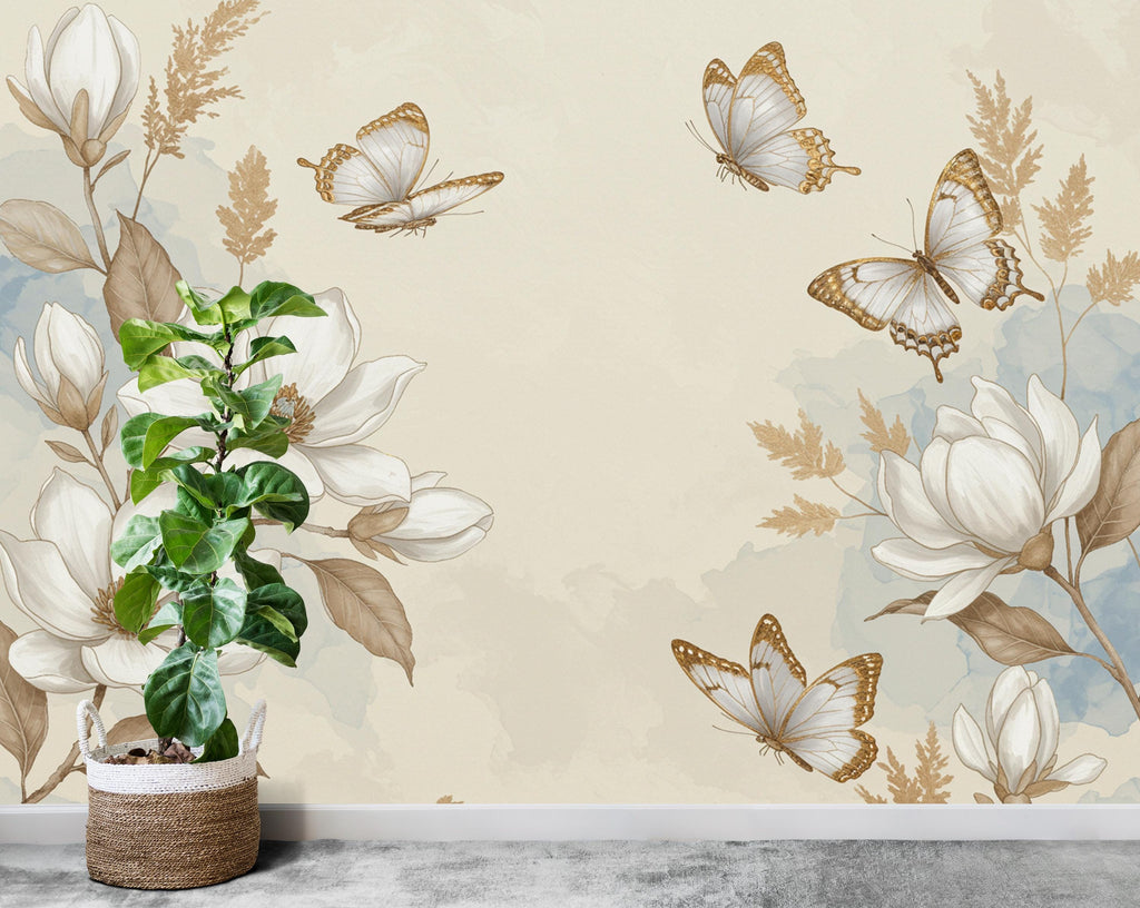 Butterfly and Flower Wallpaper Mural – Blush Pink Peonies, Gold Accents, Elegant Watercolor Wall Art for Girls Bedroom Nursery 883RS