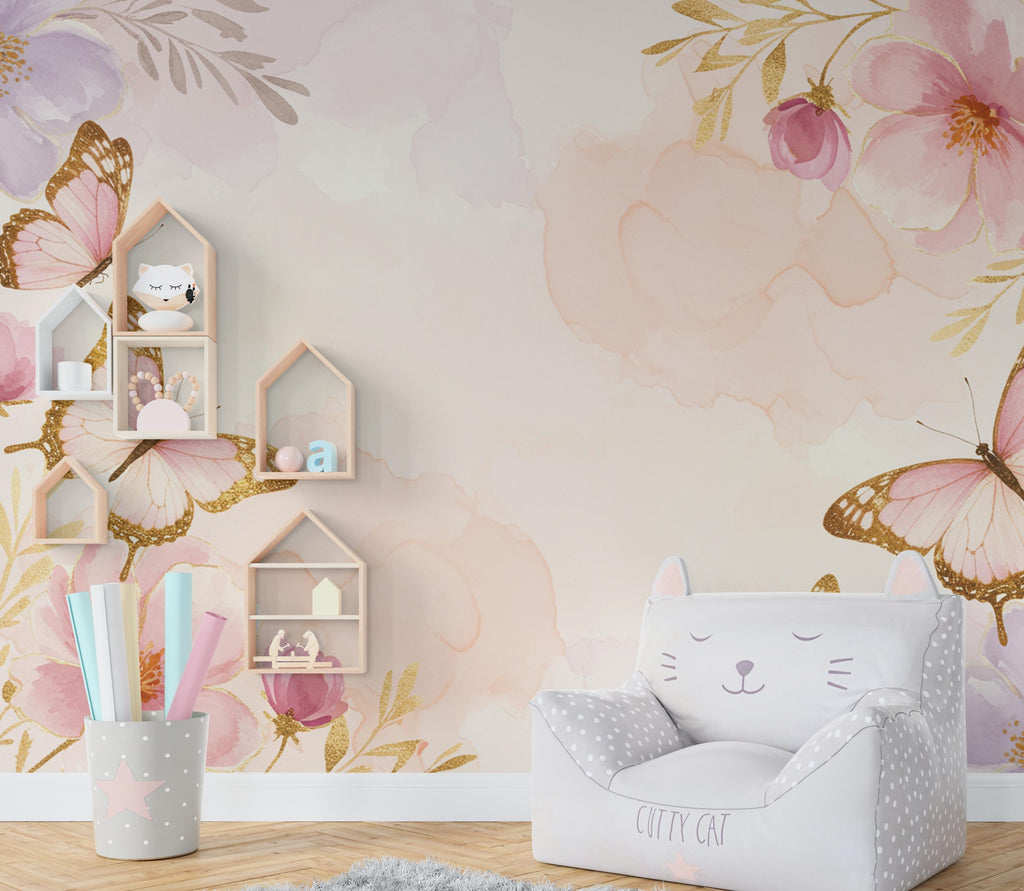 Butterfly and Flower Wallpaper Mural – Blush Pink Peonies, Gold Accents, Elegant Watercolor Wall Art for Girls Bedroom Nursery 884RS