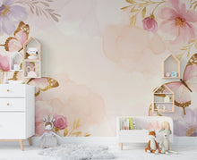 Load image into Gallery viewer, Butterfly and Flower Wallpaper Mural – Blush Pink Peonies, Gold Accents, Elegant Watercolor Wall Art for Girls Bedroom Nursery 884RS