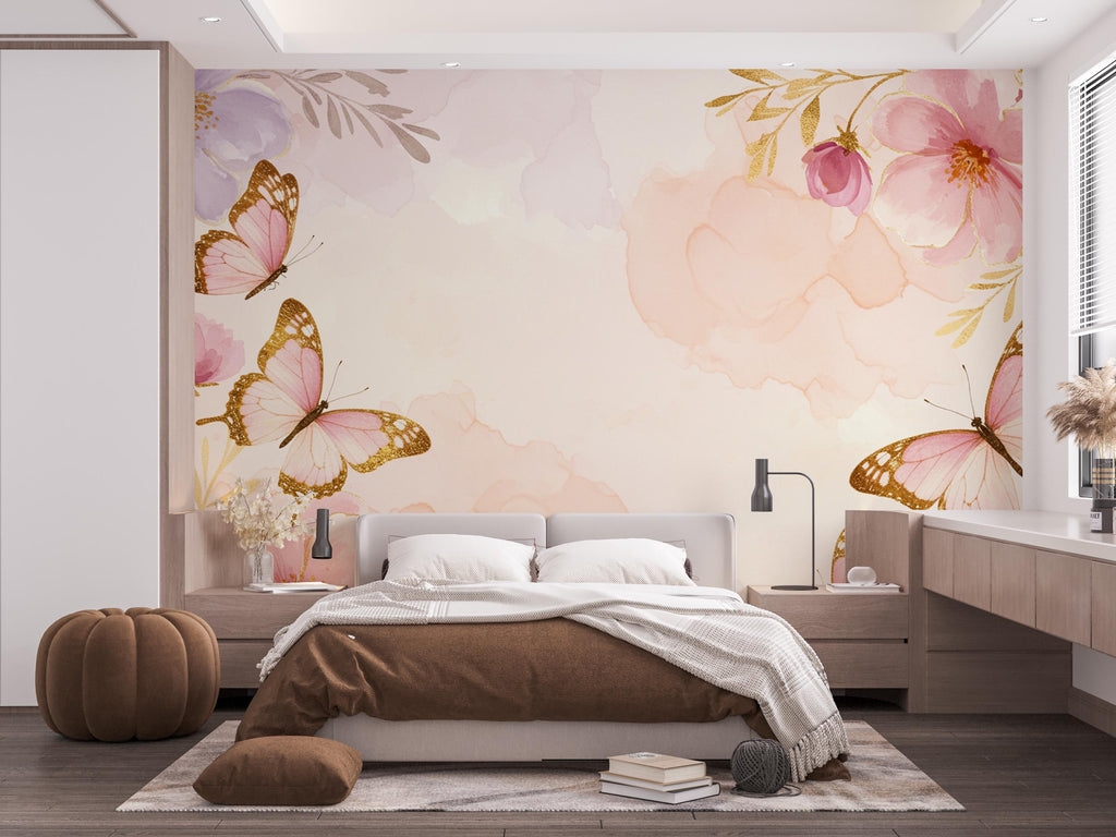 Butterfly and Flower Wallpaper Mural – Blush Pink Peonies, Gold Accents, Elegant Watercolor Wall Art for Girls Bedroom Nursery 884RS