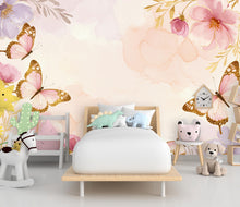 Load image into Gallery viewer, Butterfly and Flower Wallpaper Mural – Blush Pink Peonies, Gold Accents, Elegant Watercolor Wall Art for Girls Bedroom Nursery 884RS