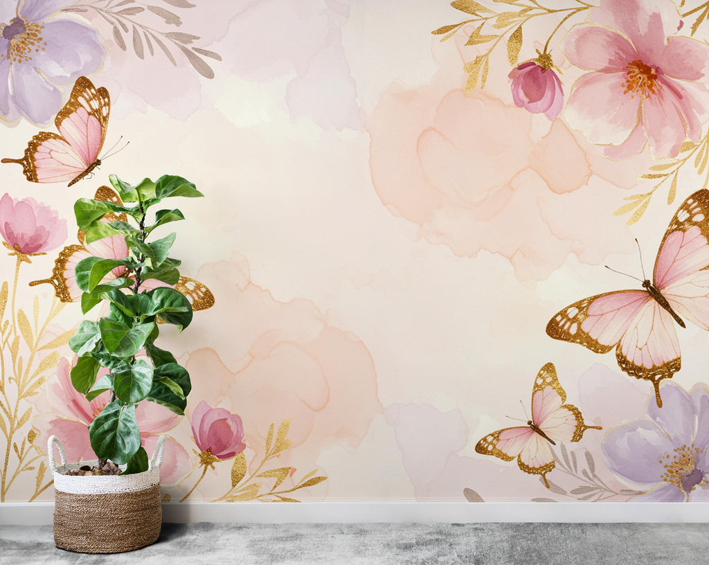 Butterfly and Flower Wallpaper Mural – Blush Pink Peonies, Gold Accents, Elegant Watercolor Wall Art for Girls Bedroom Nursery 884RS