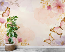 Load image into Gallery viewer, Butterfly and Flower Wallpaper Mural – Blush Pink Peonies, Gold Accents, Elegant Watercolor Wall Art for Girls Bedroom Nursery 884RS