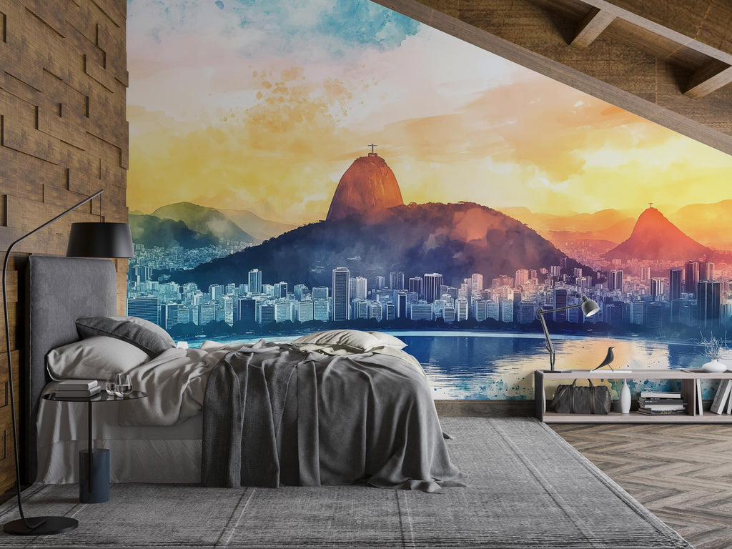 Rio de Janeiro Wallpaper – Watercolor 3D Wall Mural with Christ the Redeemer & Sugarloaf Mountain – Bold Modern Stylish Wall Decor