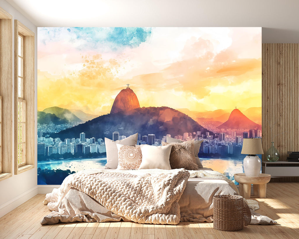 Rio de Janeiro Wallpaper – Watercolor 3D Wall Mural with Christ the Redeemer & Sugarloaf Mountain – Bold Modern Stylish Wall Decor