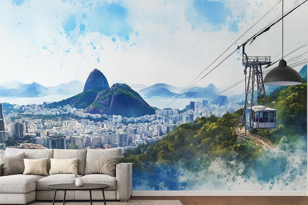 Rio de Janeiro Wallpaper – Watercolor 3D Wall Mural with Sugarloaf Mountain & Cable Car – Bold Modern Stylish Wall Decor Gift for Travel