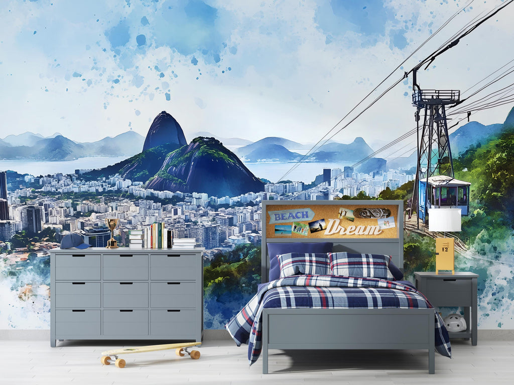 Rio de Janeiro Wallpaper – Watercolor 3D Wall Mural with Sugarloaf Mountain & Cable Car – Bold Modern Stylish Wall Decor Gift for Travel