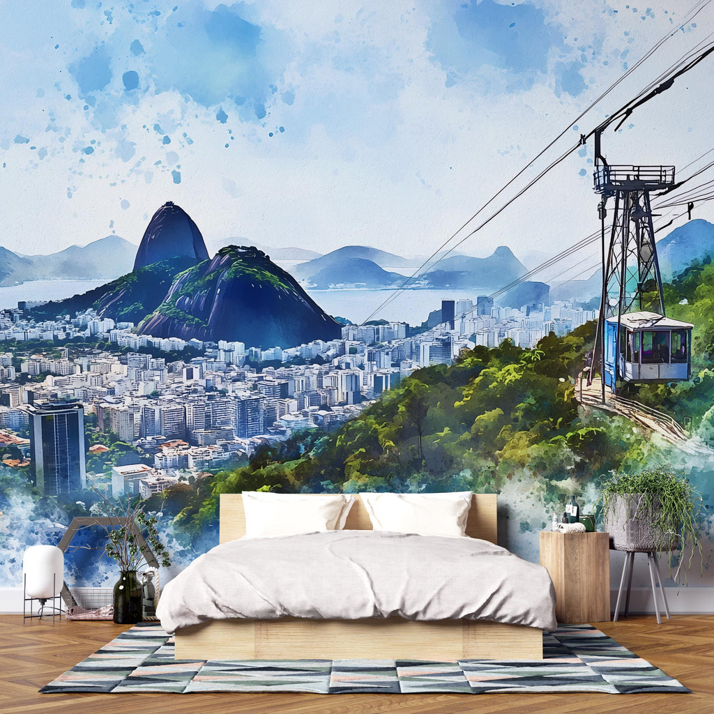 Rio de Janeiro Wallpaper – Watercolor 3D Wall Mural with Sugarloaf Mountain & Cable Car – Bold Modern Stylish Wall Decor Gift for Travel