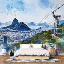 Load image into Gallery viewer, Rio de Janeiro Wallpaper – Watercolor 3D Wall Mural with Sugarloaf Mountain &amp; Cable Car – Bold Modern Stylish Wall Decor Gift for Travel