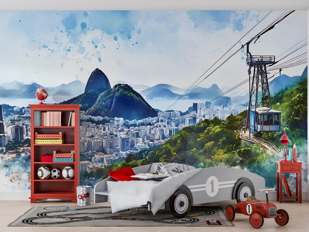 Rio de Janeiro Wallpaper – Watercolor 3D Wall Mural with Sugarloaf Mountain & Cable Car – Bold Modern Stylish Wall Decor Gift for Travel