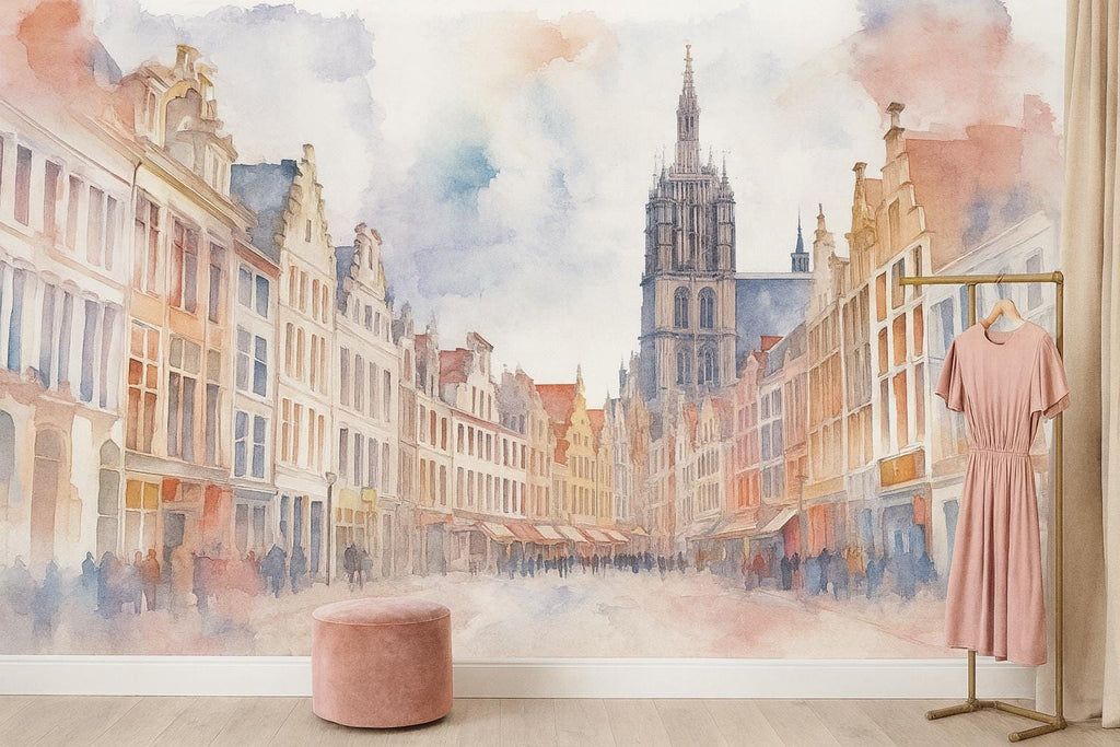 European Old Town Wallpaper – Watercolor 3D Wall Mural with Cathedral and City Street View – Bold Modern Stylish Wall Decor Gift