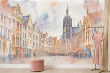 Load image into Gallery viewer, European Old Town Wallpaper – Watercolor 3D Wall Mural with Cathedral and City Street View – Bold Modern Stylish Wall Decor Gift