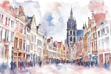 Load image into Gallery viewer, European Old Town Wallpaper – Watercolor 3D Wall Mural with Cathedral and City Street View – Bold Modern Stylish Wall Decor Gift