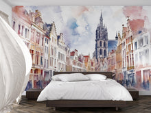 Load image into Gallery viewer, European Old Town Wallpaper – Watercolor 3D Wall Mural with Cathedral and City Street View – Bold Modern Stylish Wall Decor Gift