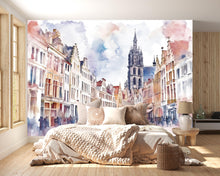 Load image into Gallery viewer, European Old Town Wallpaper – Watercolor 3D Wall Mural with Cathedral and City Street View – Bold Modern Stylish Wall Decor Gift