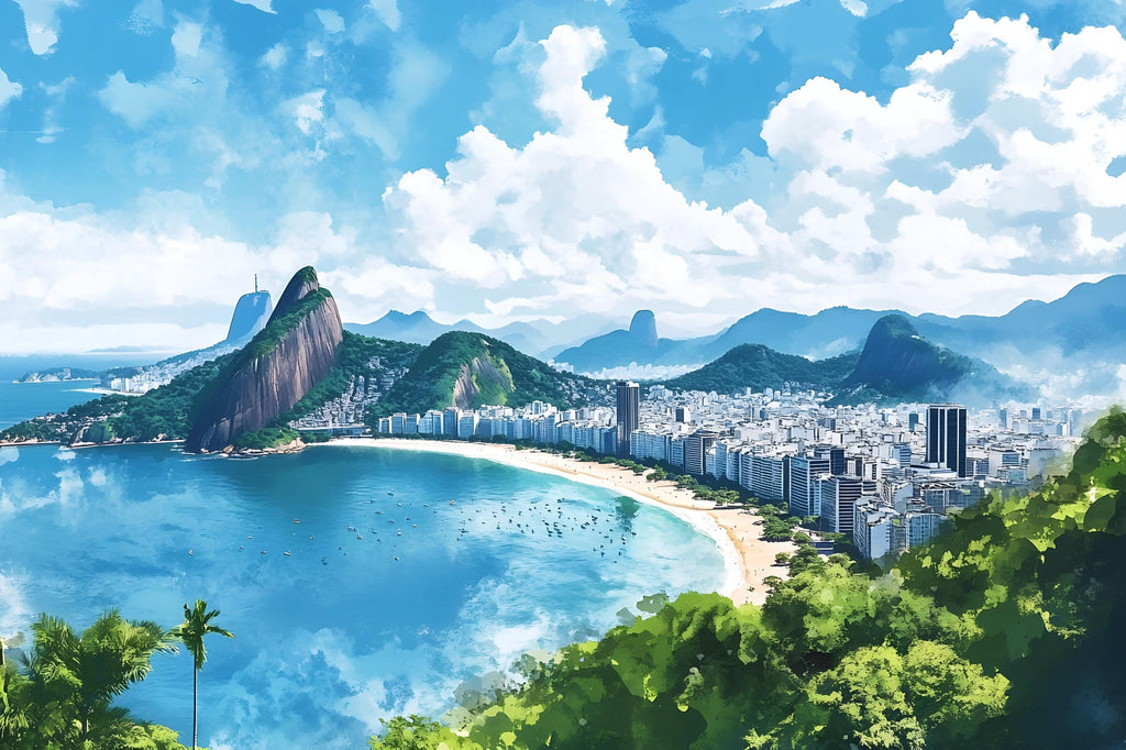 Rio de Janeiro Copacabana Beach Wallpaper – Watercolor 3D Wall Mural of Brazil Coastline Skyline – Bold Modern Stylish Wall Decor Gift