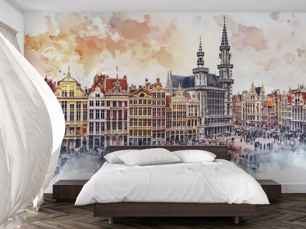 Brussels Grand Place Wallpaper – Watercolor 3D Wall Mural of Historic European City Square – Bold Modern Stylish Wall Decor Gift