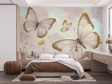 Load image into Gallery viewer, Butterfly and Flower Wallpaper Mural – Blush Pink Peonies, Gold Accents, Elegant Watercolor Wall Art for Girls Bedroom Nursery 885RS